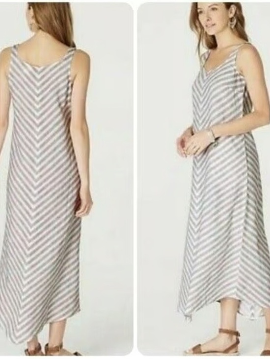 Love Linen Long Dress Brown White Chevron Stripe L J JIll Sleeveless - Picture 2 of 12